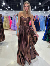 Coffee A Line Strapless Sweetheart Pleated Prom Dress with High Slit