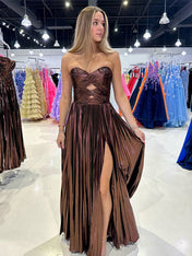 Coffee A Line Strapless Sweetheart Pleated Prom Dress with High Slit