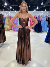 Coffee A Line Strapless Sweetheart Pleated Prom Dress with High Slit