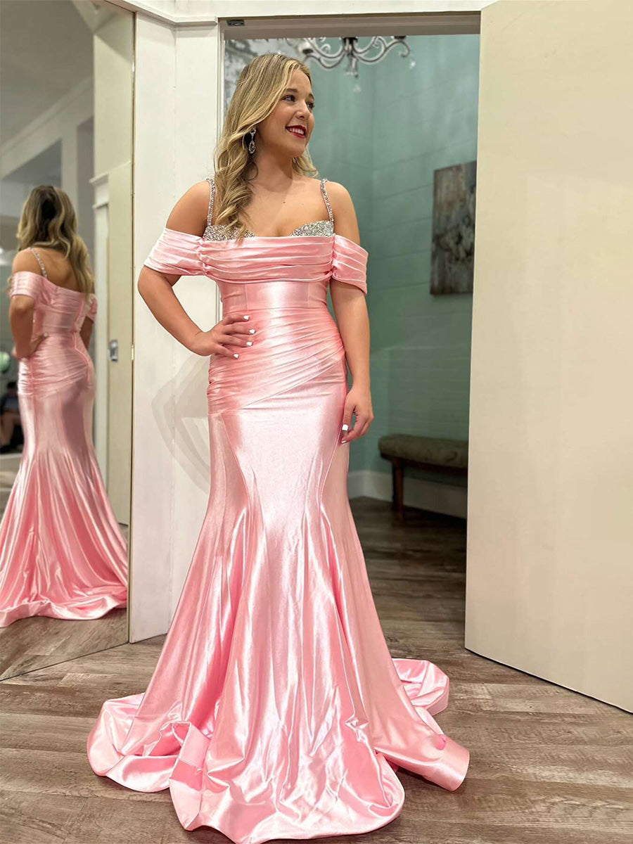 Cold Shoulder Pink Mermaid Long Prom Dress with Beaded