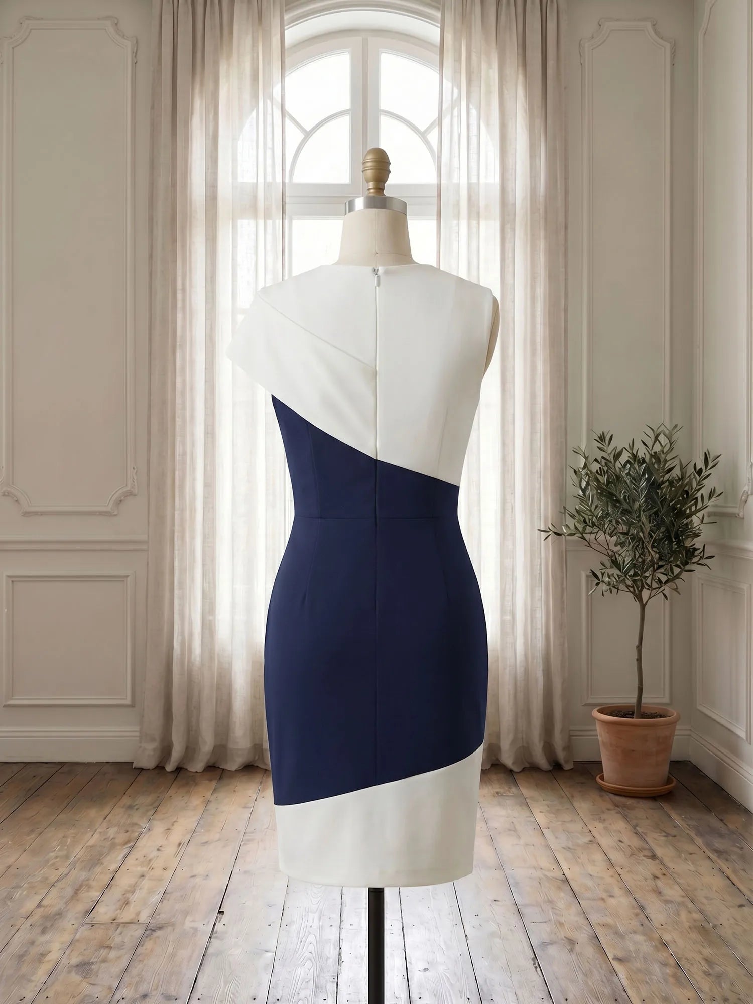 Color Block Sleeveless Dress with Asymmetric Drape Neckline Formal Evening Dresses