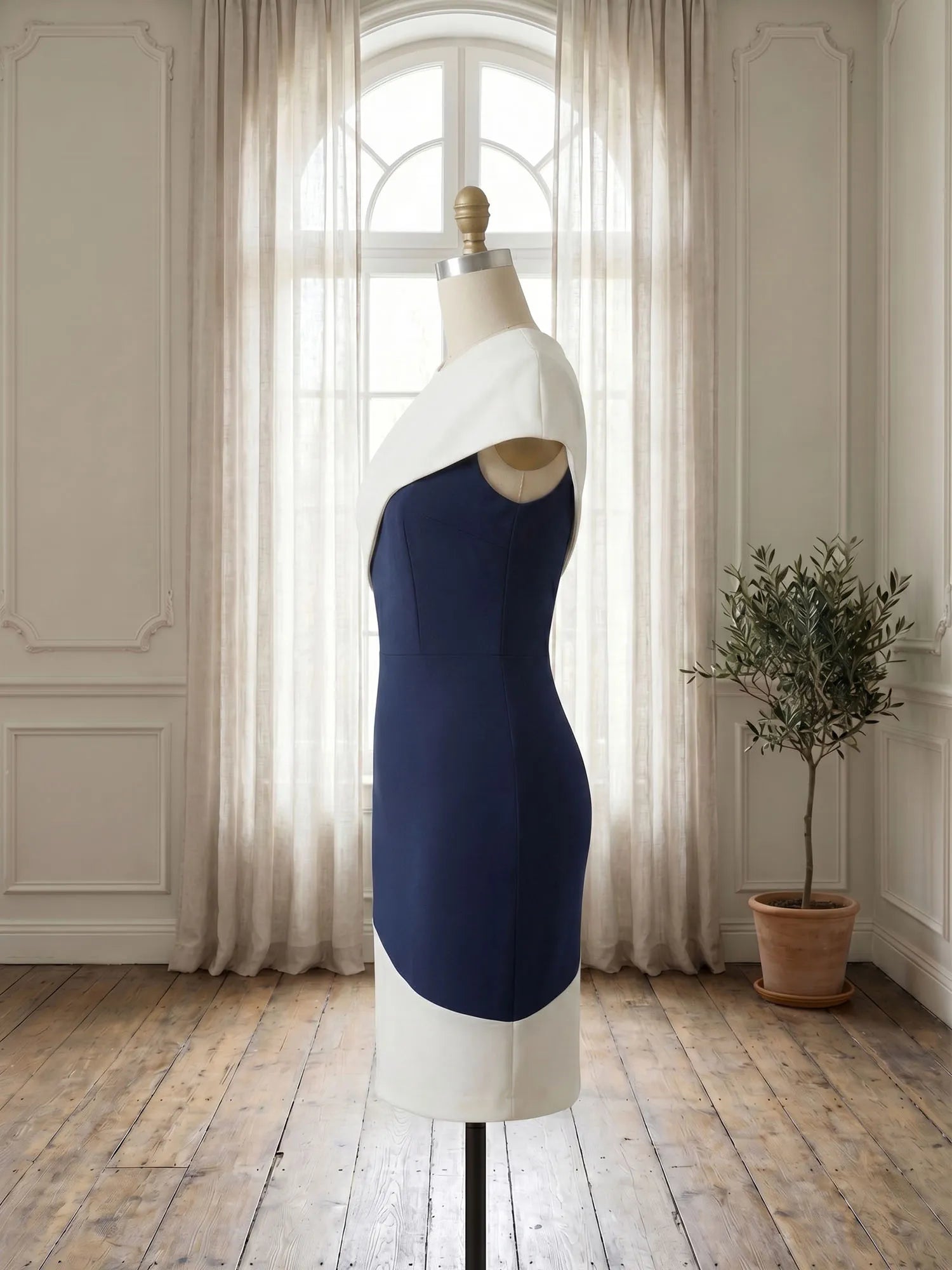 Color Block Sleeveless Dress with Asymmetric Drape Neckline Formal Evening Dresses