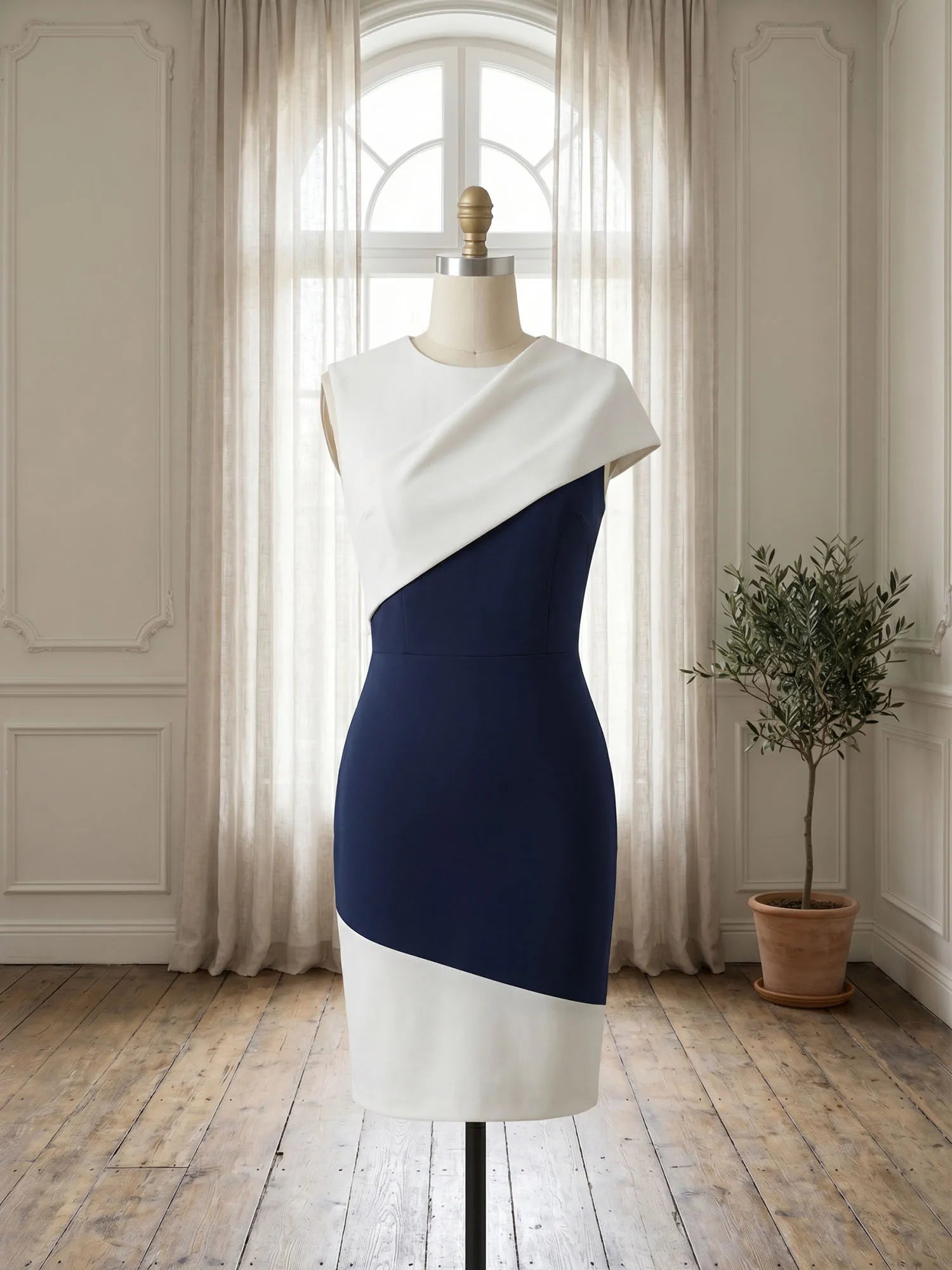 Color Block Sleeveless Dress with Asymmetric Drape Neckline Formal Evening Dresses