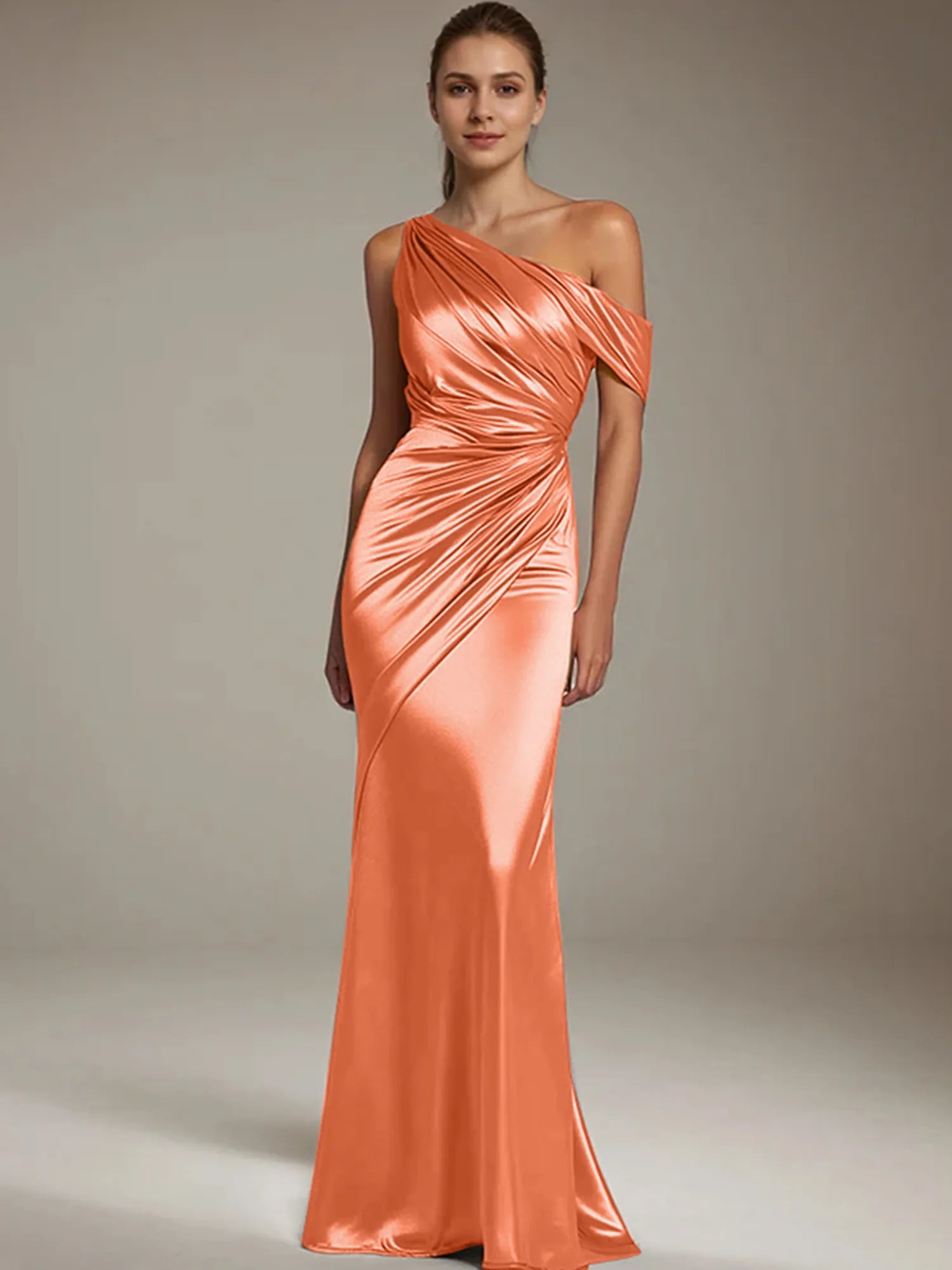 Formal Party Satin Dress Silver One-Shoulder Pleated  Floor-Length Dress