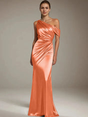 Formal Party Satin Dress Silver One-Shoulder Pleated  Floor-Length Dress
