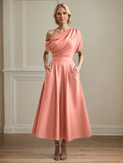 A Line Satin One Shoulder Pleated Ankle Length Mother of the Bride Dress