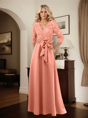 Classic V-Neck Bow Accented Satin Mother Of The Bride Dress With Lace