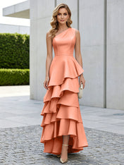 One Shoulder Tiered Ruffle Satin Mermaid Evening Gown with Sculptural Layers
