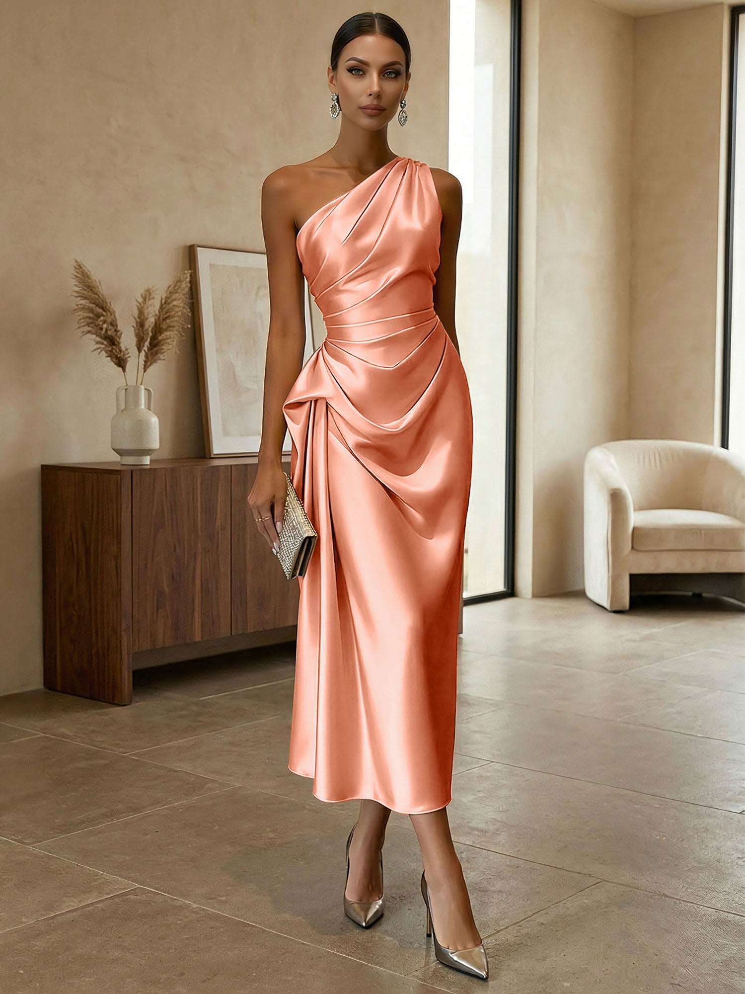 Champagne Ruched Satin One Shoulder Sleeveless Sheath Midi Dress