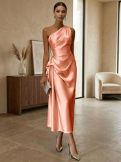 Champagne Ruched Satin One Shoulder Sleeveless Sheath Midi Dress