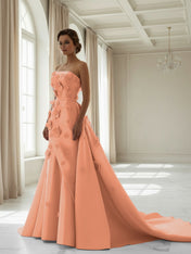 Pink A Line Satin Strapless Prom Dress with 3D Floral Appliques