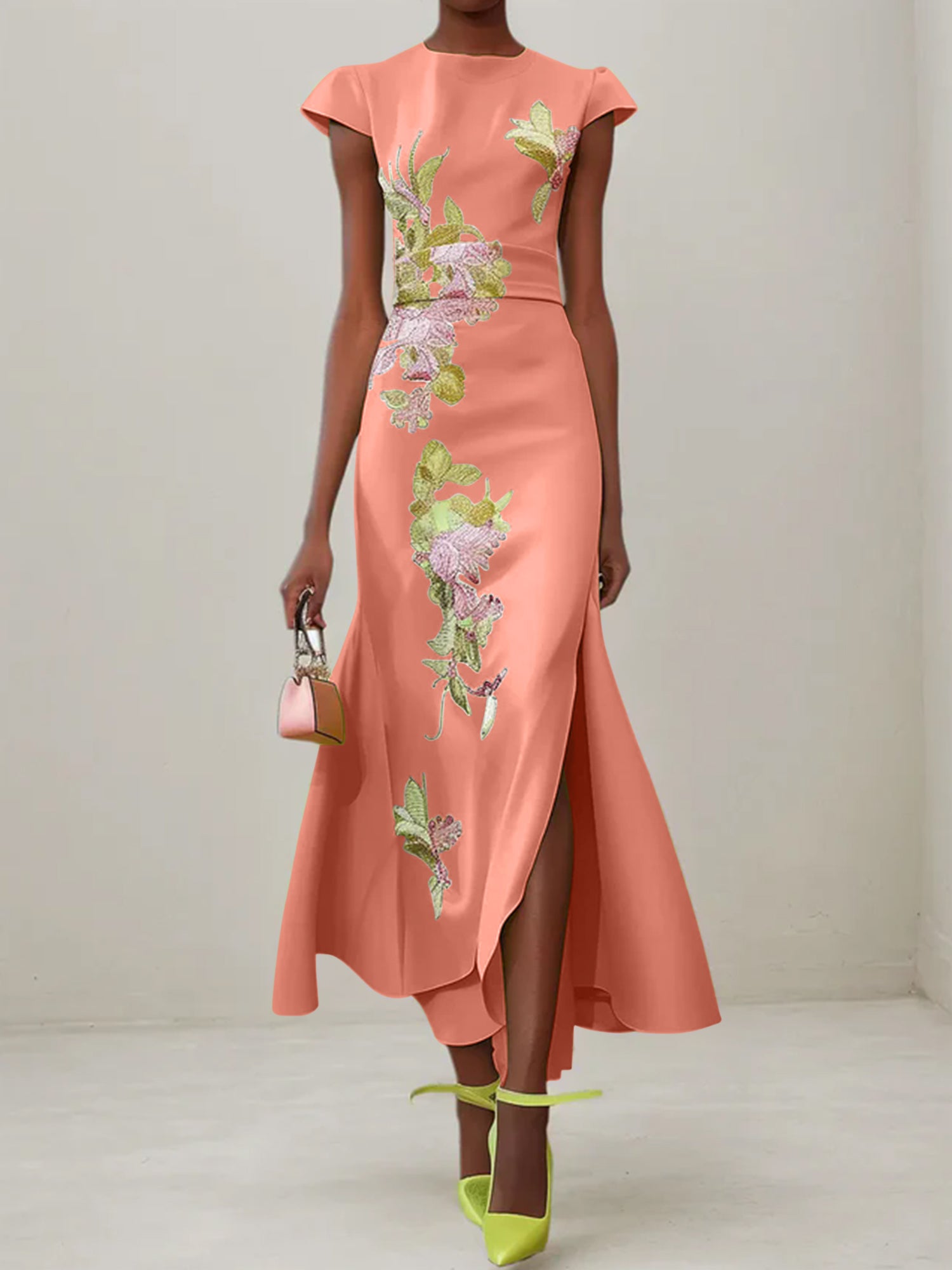 Green Floral Embroidered Cap Sleeve Slit Sheath Maxi Dress