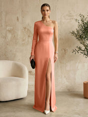 Long Sleeves Black One Shoulder Formal Dress Evening Gown