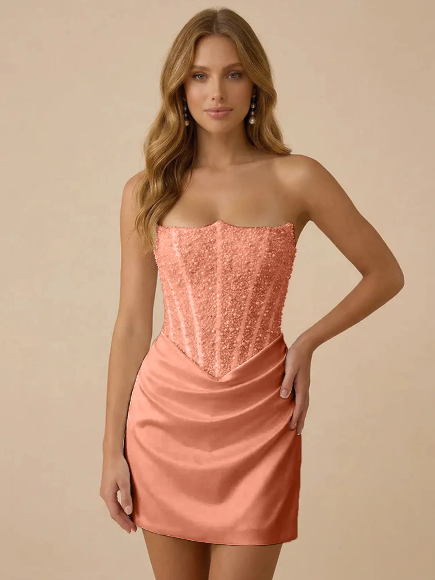White Strapless Sequin Beaded Satin Short Homecoming Dress with Corset