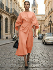 Loose Batwing Sleeve Dress Tight Waist Solid Color Elegant Dresses
