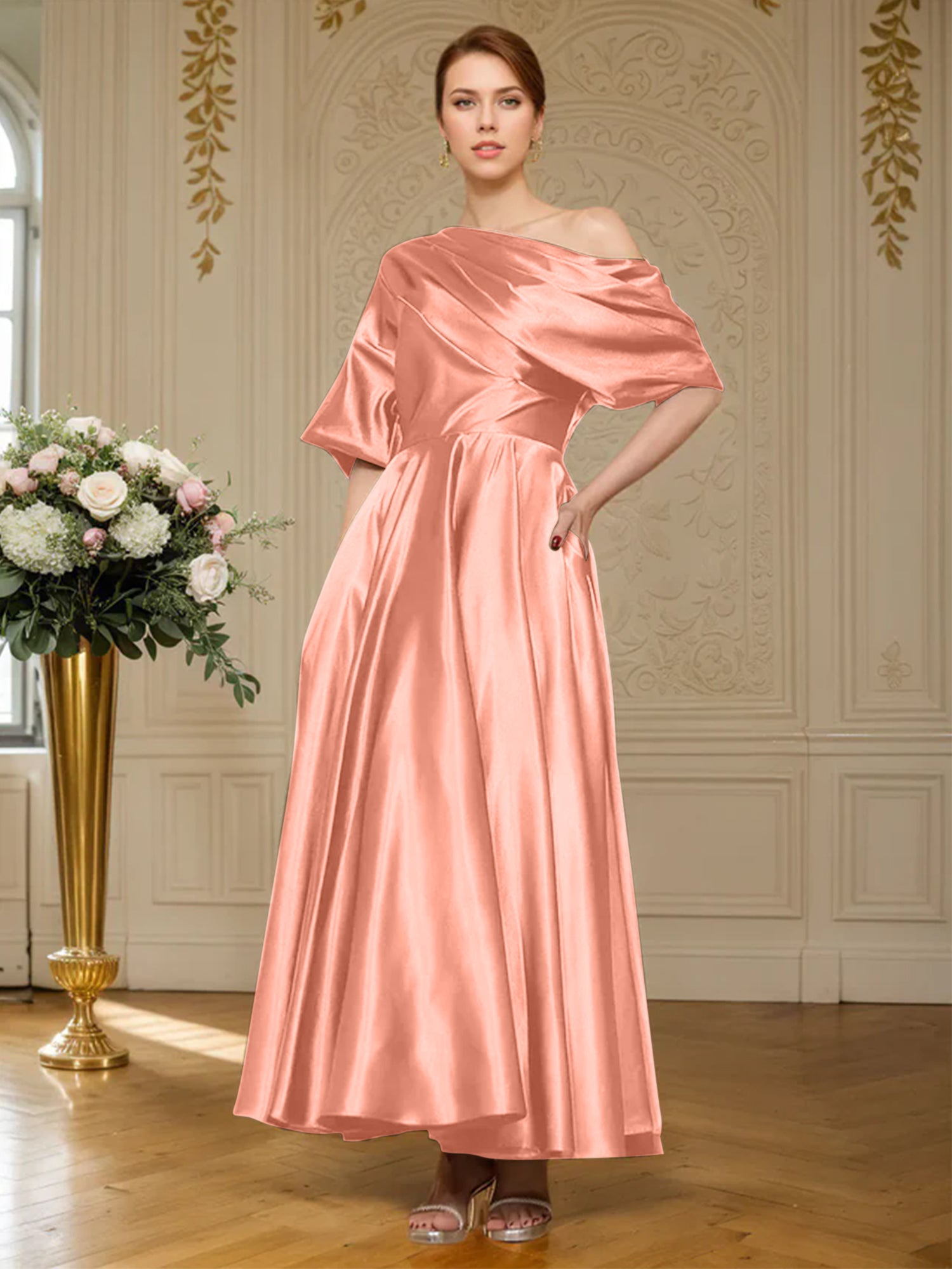 A-line Short Sleeves Pleated Ankle-Length Silk like Satin Mother of the Bride Dress