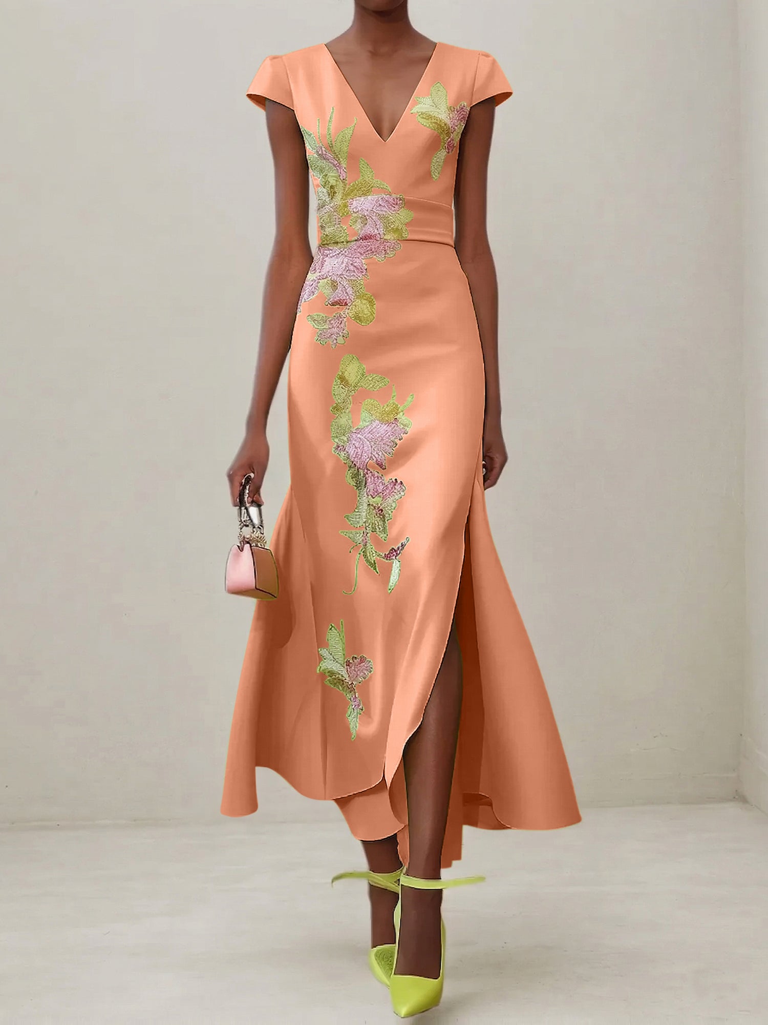 Green Floral V Neck Embroidered Cap Sleeve Slit Sheath Maxi Dress