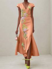 Green Floral V Neck Embroidered Cap Sleeve Slit Sheath Maxi Dress
