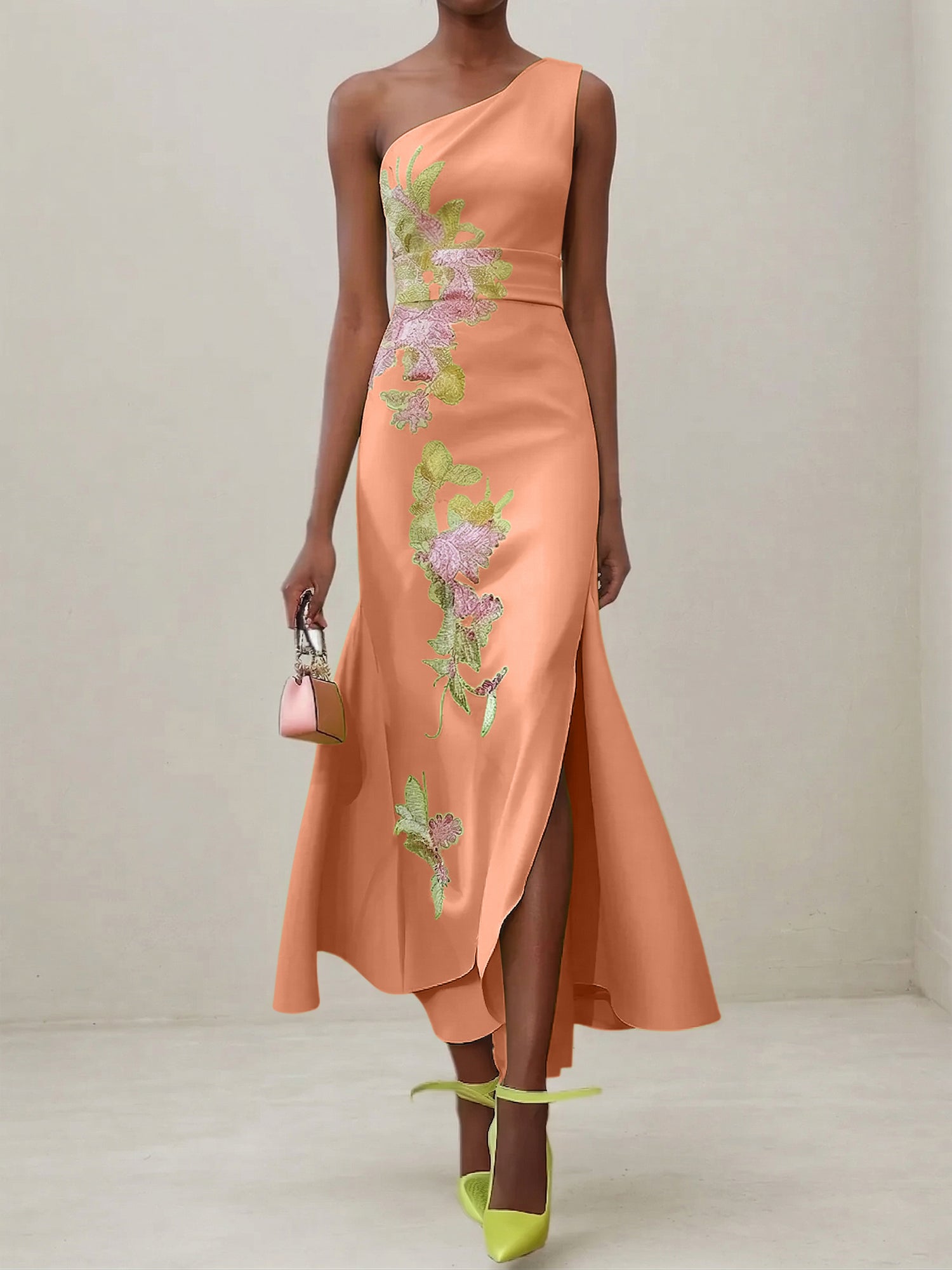 Green Floral One Shoulder Embroidered Cap Sleeve Slit Sheath Maxi Dress