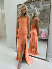 Bodycon Scoop Neck Satin Long Prom Dress with Slit