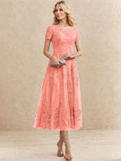 A-line Scoop Tea-Length Tulle Lace Mother of the Bride Dress