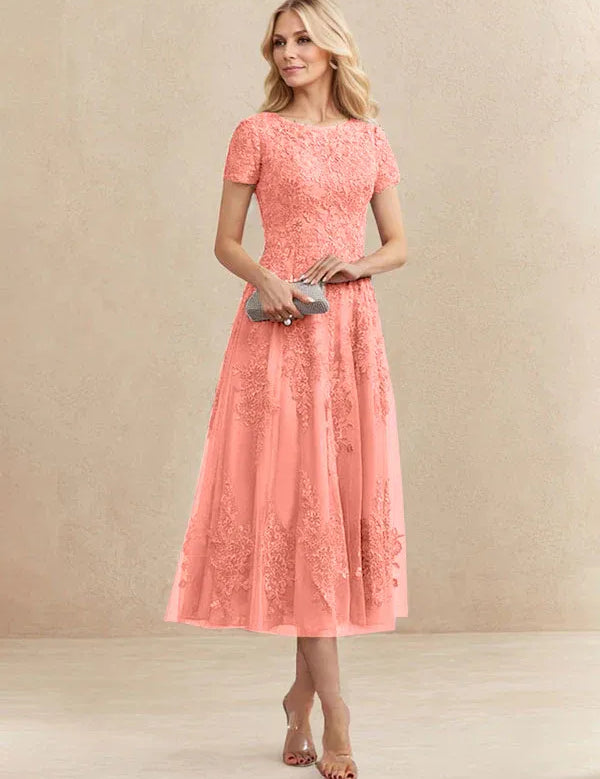A-line Scoop Tea-Length Tulle Lace Mother of the Bride Dress