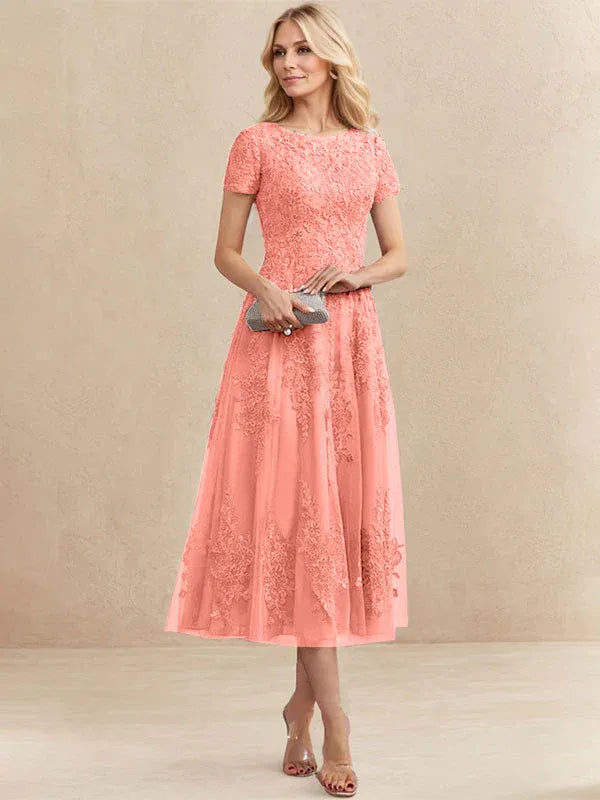 A-line Scoop Tea-Length Tulle Lace Mother of the Bride Dress