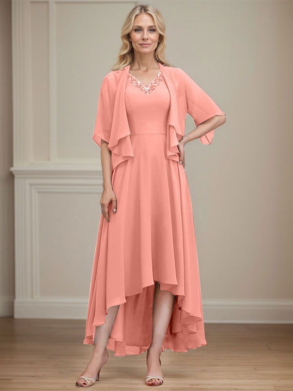 A-line V-Neck Asymmetrical Chiffon Mother of the Bride Dress With Beading Sequins