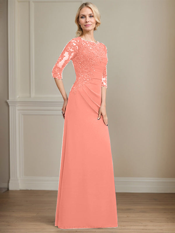 A-line Scoop Floor-Length Chiffon Lace Mother of the Bride Dress With Beading Pleated Sequins