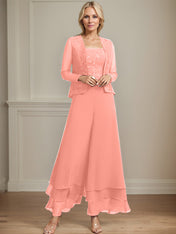 Separates Jumpsuit/Pantsuit Square Ankle-Length Lace Chiffon Mother of the Bride Dress With Sequins