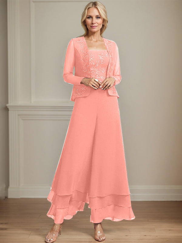 Robe de mère de la mariée en mousseline de soie, longueur cheville, avec sequins, combinaison/tailleur carré 