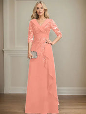 A-line Collared V-Neck Floor-Length Lace Chiffon Mother of the Bride Dress With Sequins Cascading Ruffles
