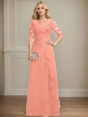 A-line Collared V-Neck Floor-Length Lace Chiffon Mother of the Bride Dress With Sequins Cascading Ruffles