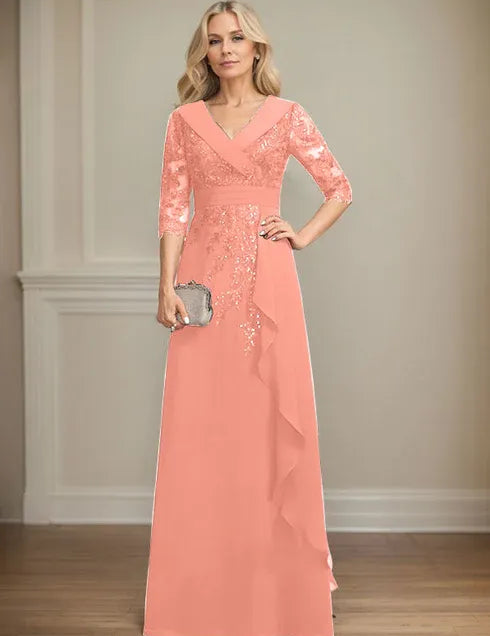 Robe de mère de la mariée trapèze, col en V, longueur au sol, en mousseline de soie et dentelle, avec volants en cascade et paillettes 