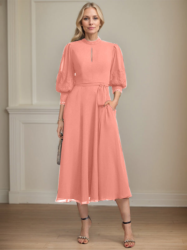 A-line High Neck Tea-Length Lace Chiffon Mother of the Bride Dress With Bow