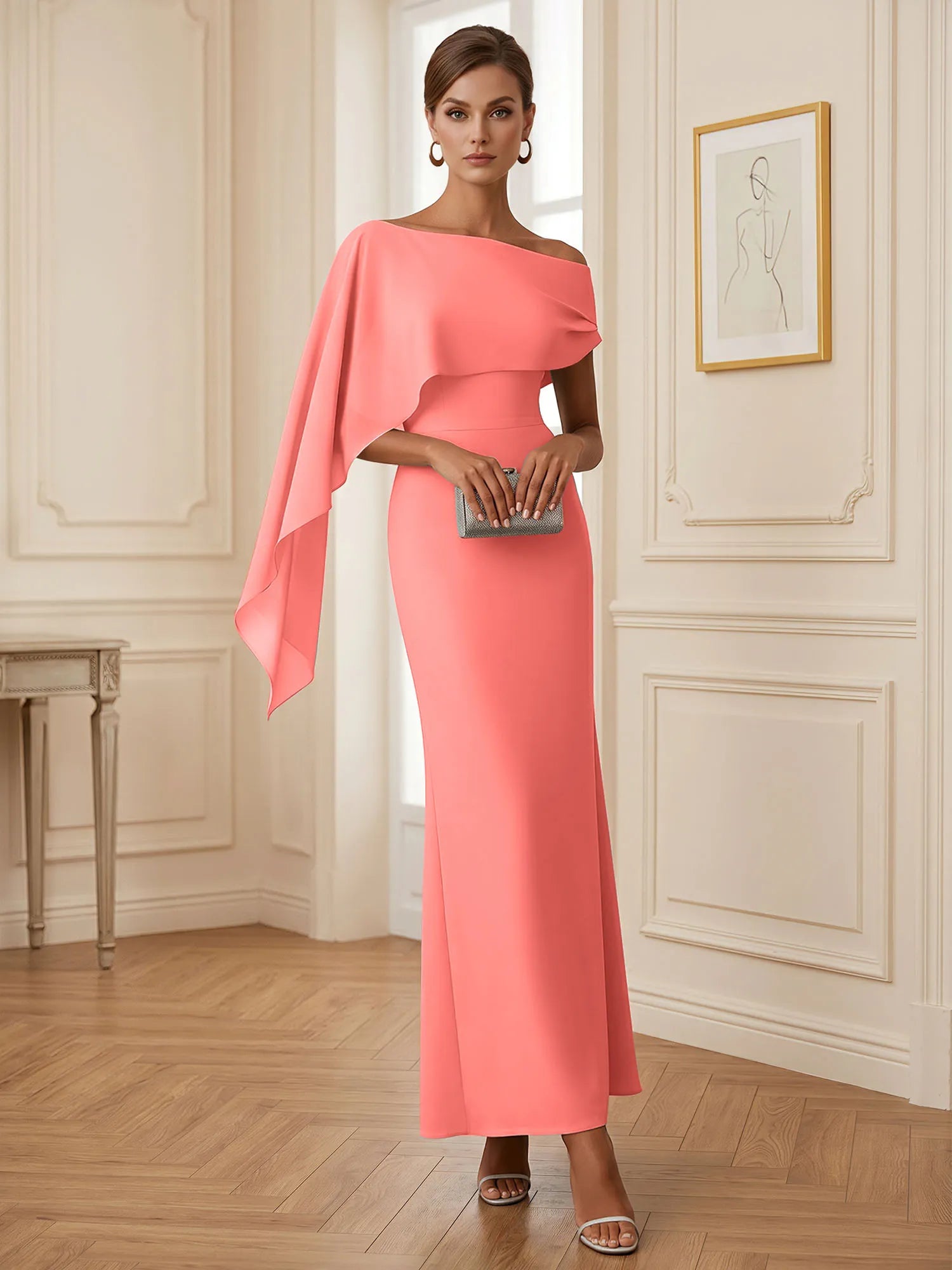 Elegant Mint Green One-Shoulder Chiffon Mermaid Formal Evening Dress with Cape and Ruffles