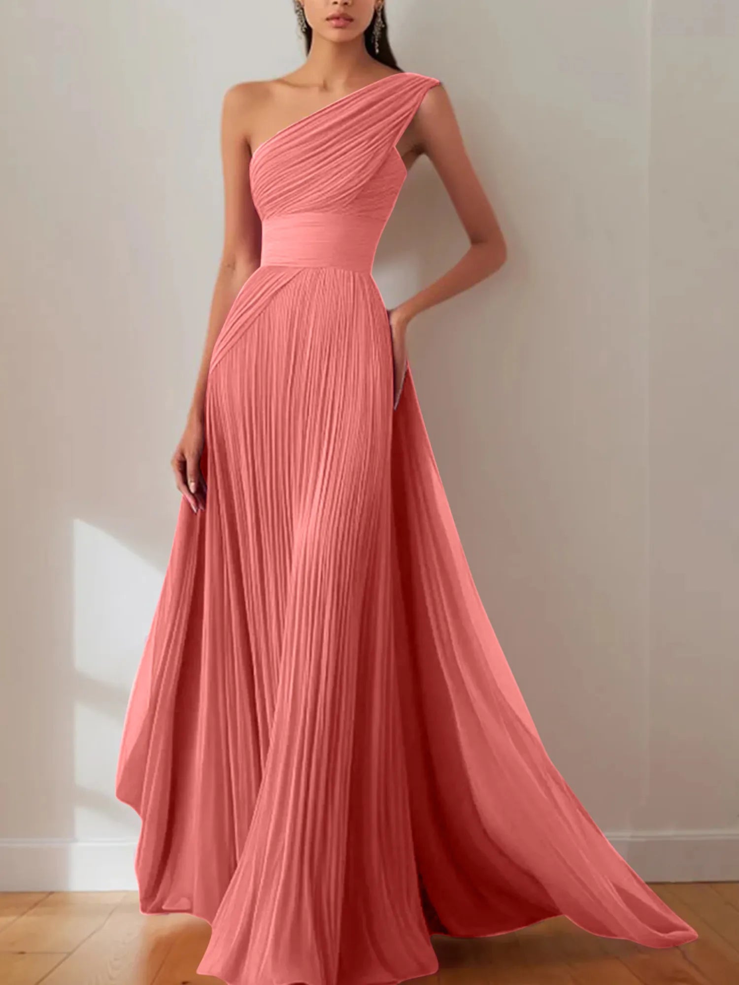 Prom Formal Pleated Dress Rose Color One-Shoulder Maxi Dress