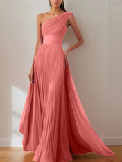 Prom Formal Pleated Dress Rose Color One-Shoulder Maxi Dress