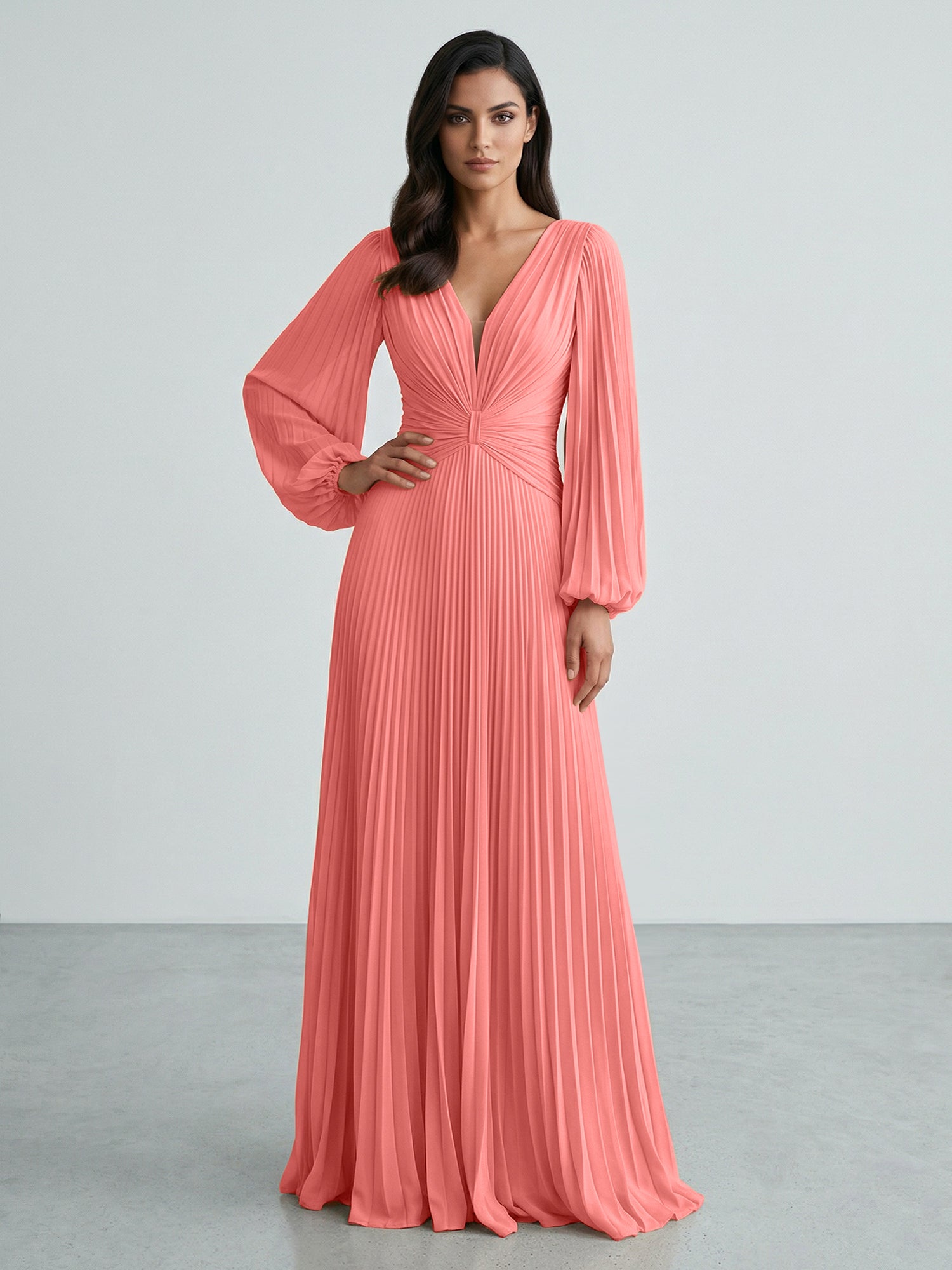 Slate Blue Plunging V-Neck Pleated Long Sleeve Maxi Dress Gown