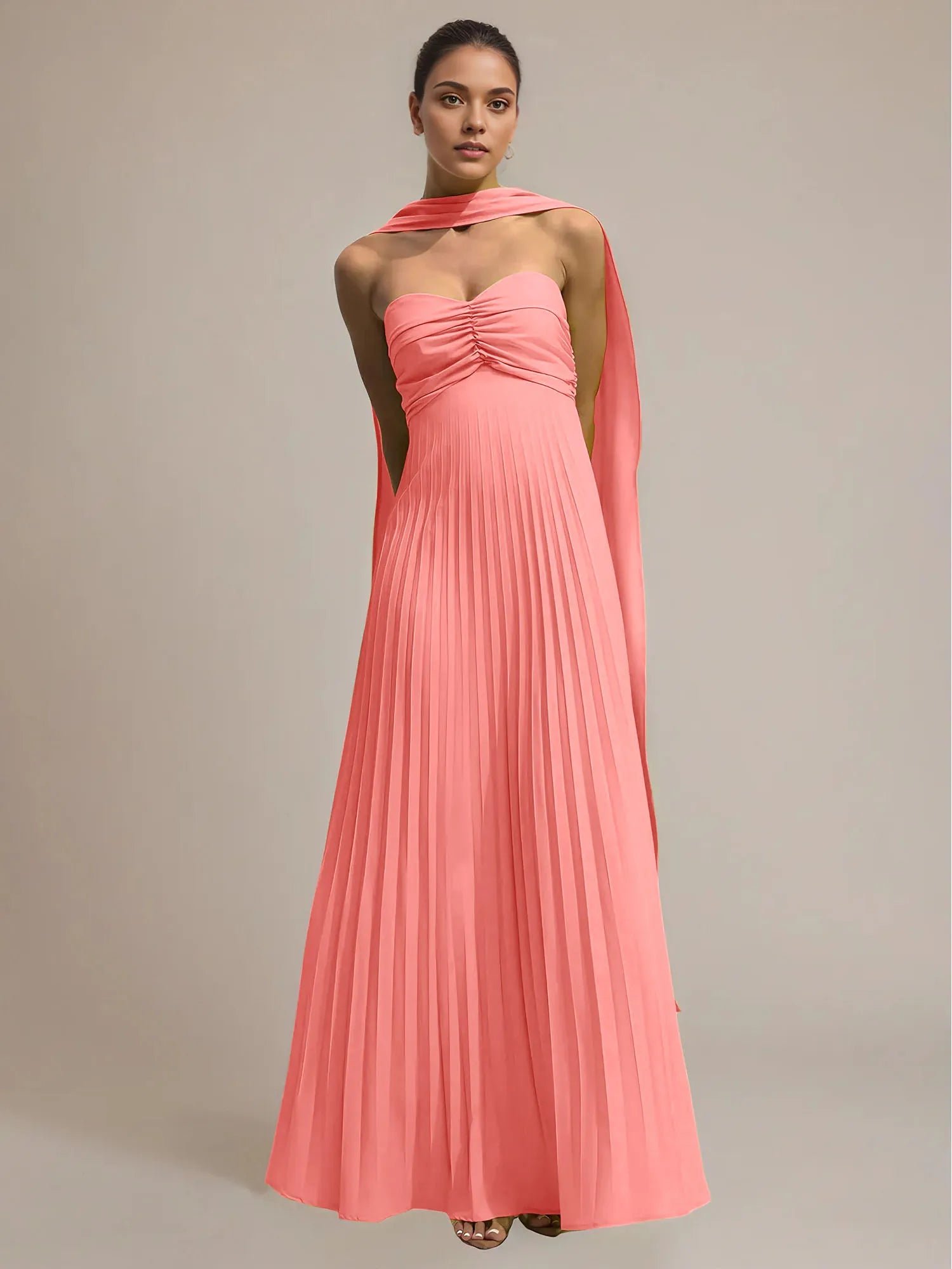 Green Chiffon A Line Off The Shoulder Sleeveless Floor Length Pleated Dress