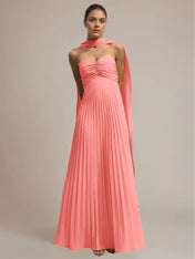 Green Chiffon A Line Off The Shoulder Sleeveless Floor Length Pleated Dress