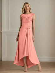 Champagne A-Line Scoop Lace Chiffon Dress