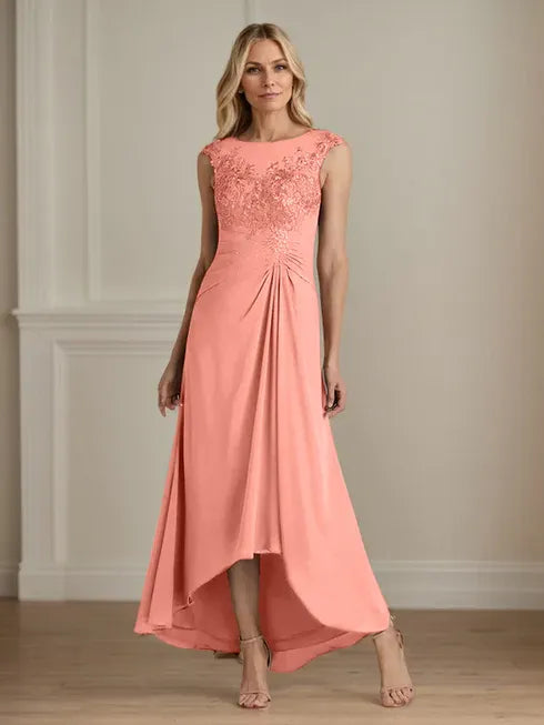 Champagne A-Line Scoop Lace Chiffon Dress