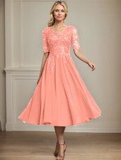A-line V-Neck Tea-Length Lace Chiffon Mother of the Bride Dress With Sequins