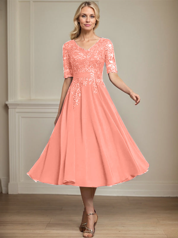A-line V-Neck Tea-Length Lace Chiffon Mother of the Bride Dress With Sequins
