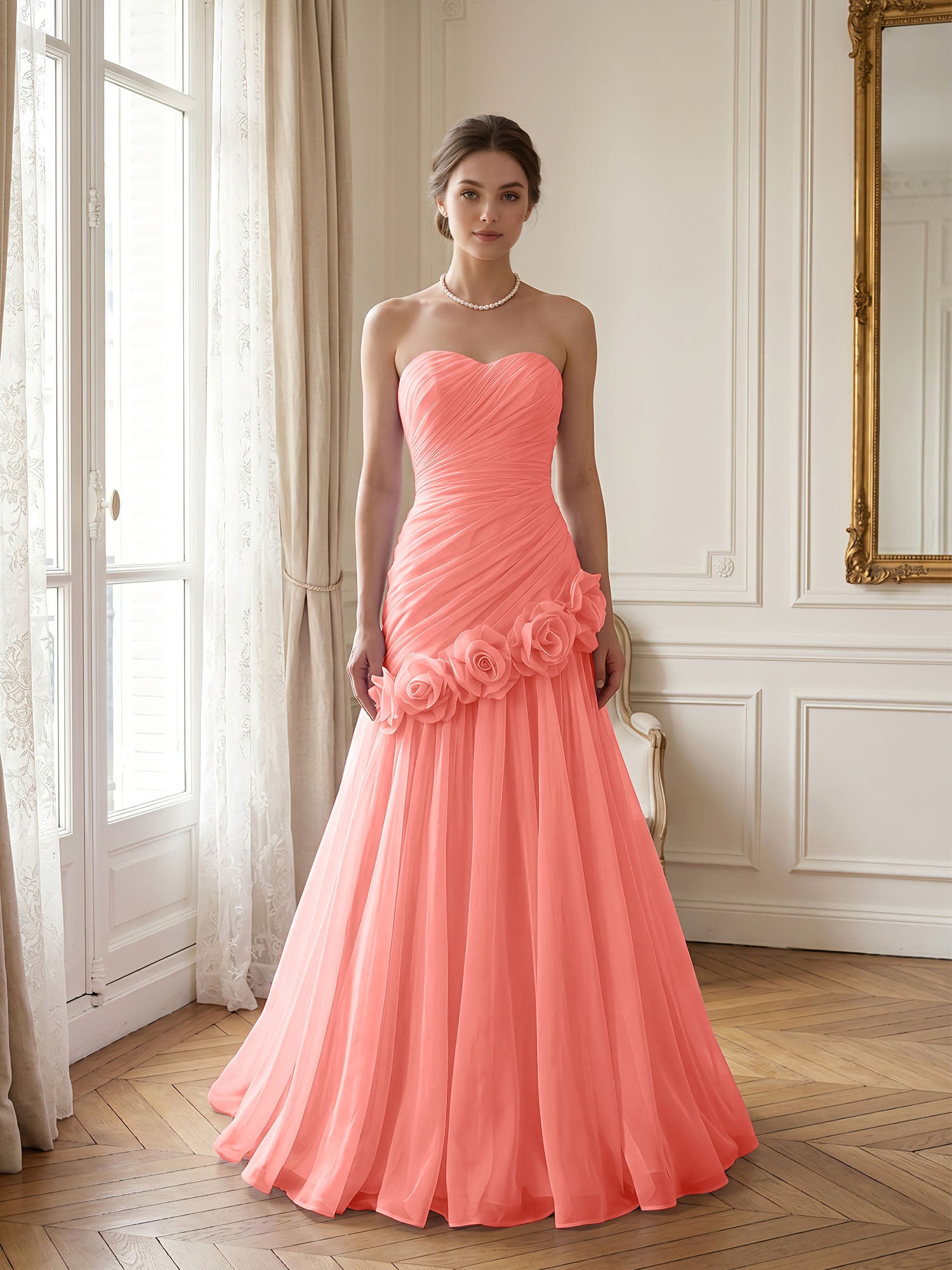 Lilac 3D Rosette Strapless Chiffon Evening Formal Gown Wedding Guest Dress