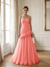 Lilac 3D Rosette Strapless Chiffon Evening Formal Gown Wedding Guest Dress