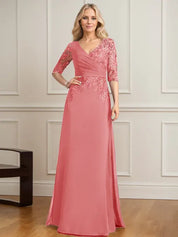 Robe de mère de la mariée trapèze, col en V, longueur au sol, en mousseline de soie et dentelle, avec sequins plissés 