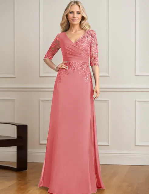Robe de mère de la mariée trapèze, col en V, longueur au sol, en mousseline de soie et dentelle, avec sequins plissés 