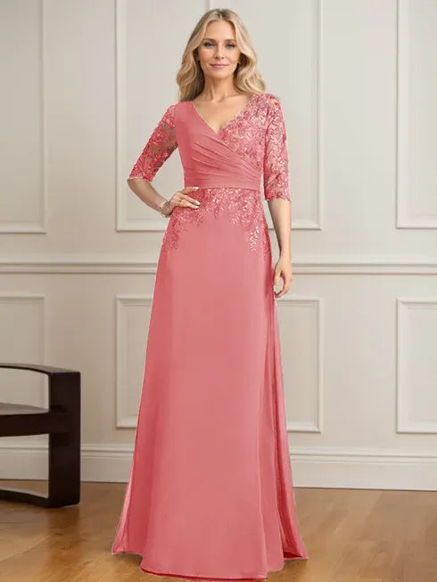 Robe de mère de la mariée trapèze, col en V, longueur au sol, en mousseline de soie et dentelle, avec sequins plissés 